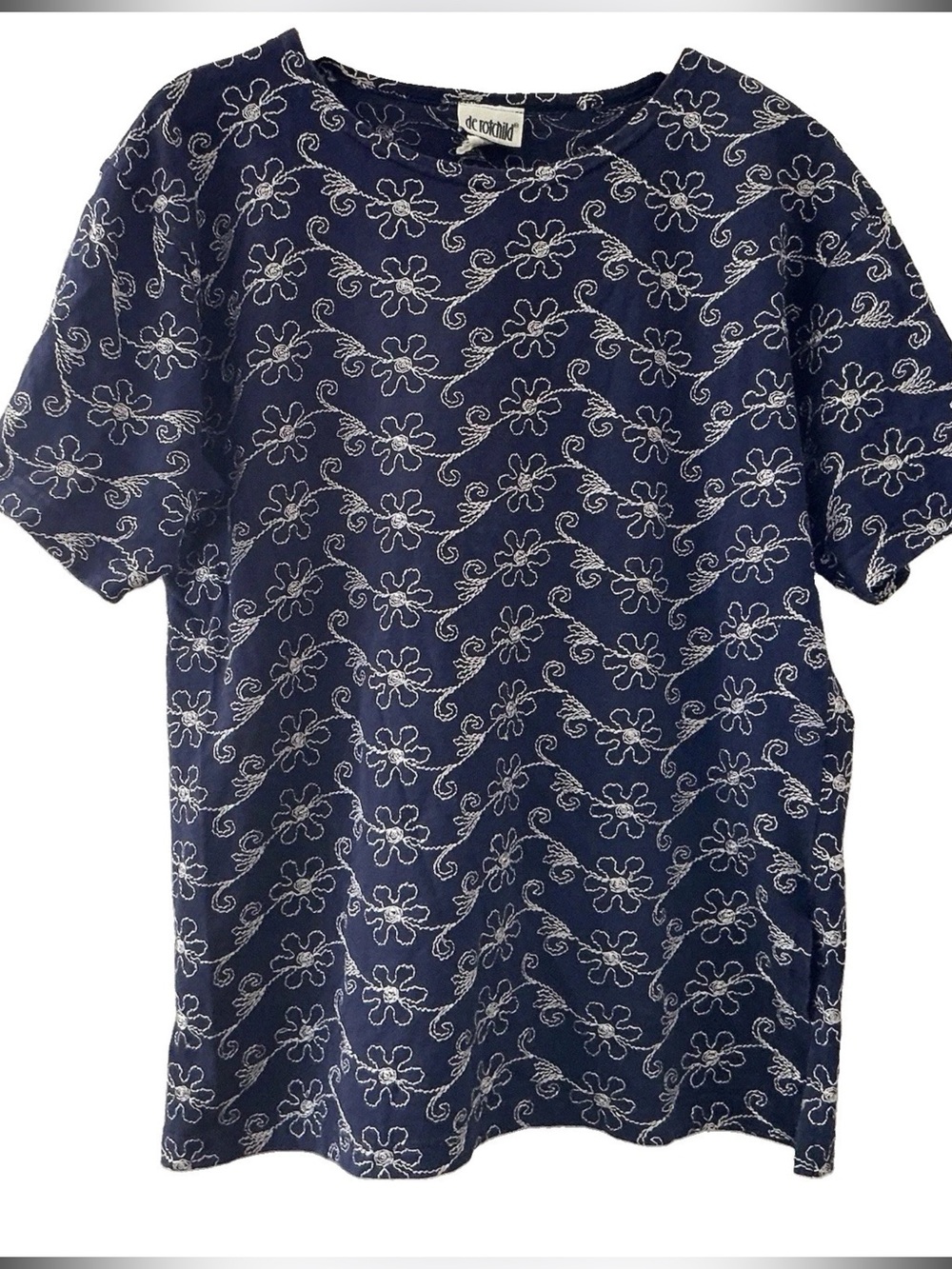 Vintage Y2K De Rotchild Top Navy Blue 100% Cotton Floral Embroidered Boxy Tee L